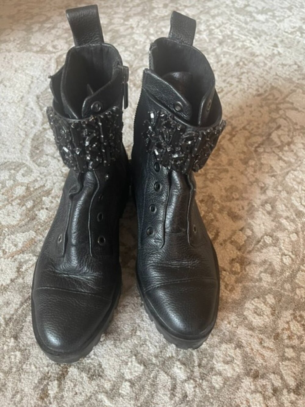 Karl Lagerfeld Paris Black Leather Beaded Combat Boots Women’s Size 5.5